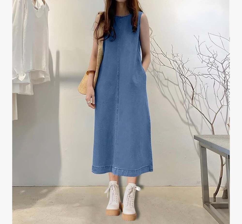 Women Fashion Casual Loose Long Maxi Sundress Denim Vestido Sleeveless Robe Femm